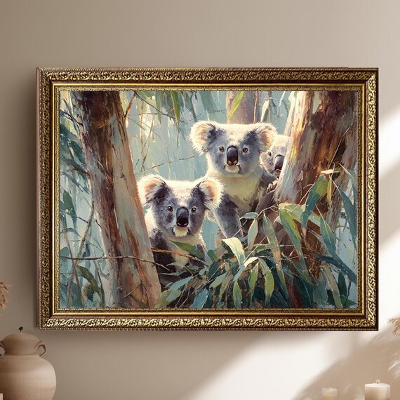 Koala Family In Eucalyptus Forest Canvas Wall Art Wildlife Animal Painting Print Australian Nature Scene Home Decor