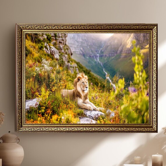 Majestic Lion In Wild Mountain Meadow Canvas Art Print Wildlife Nature Scene Wall Decor For Safari And Animal Lovers
