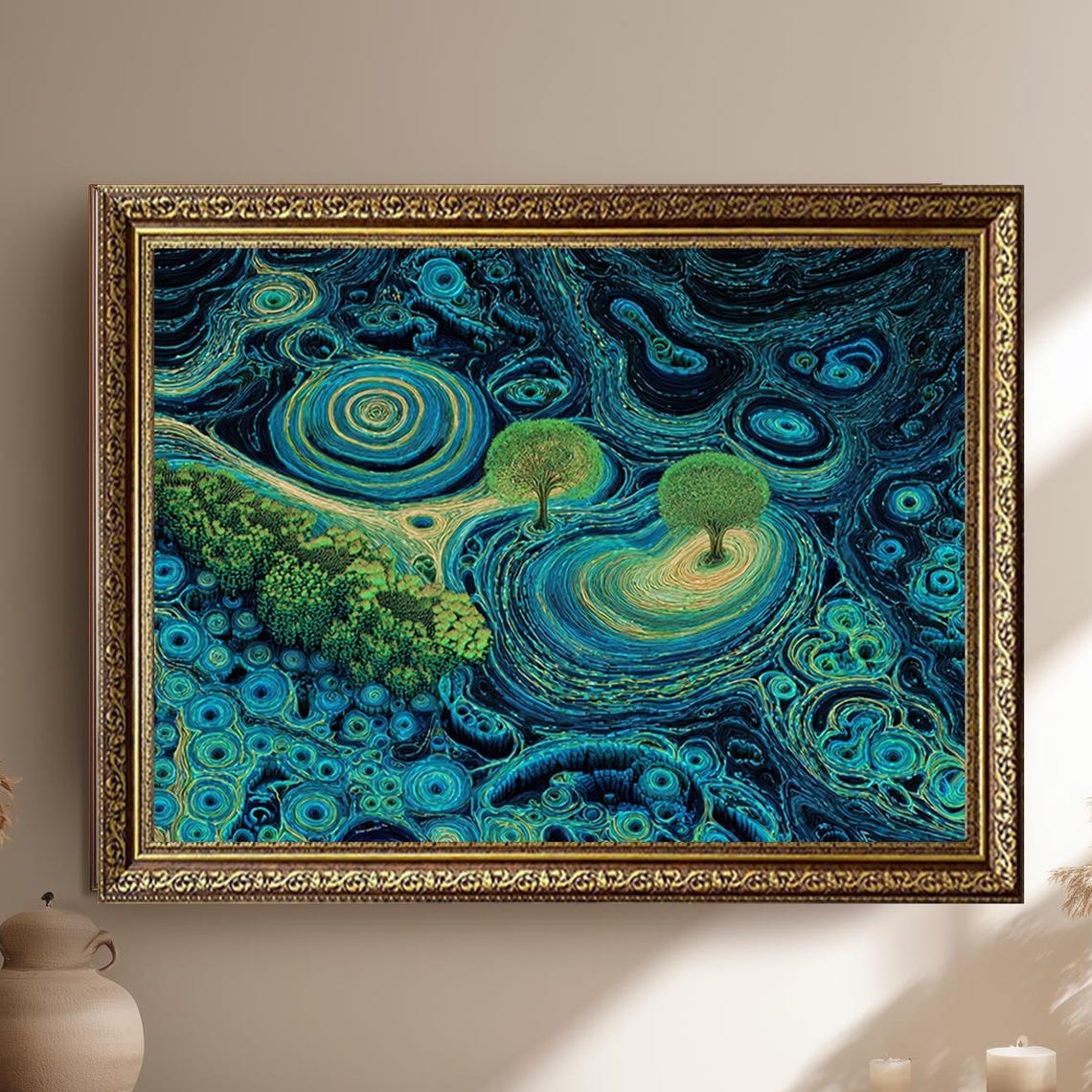 Swirling Blue Cosmic Abstract Nature Trees Surreal Art Wall Poster