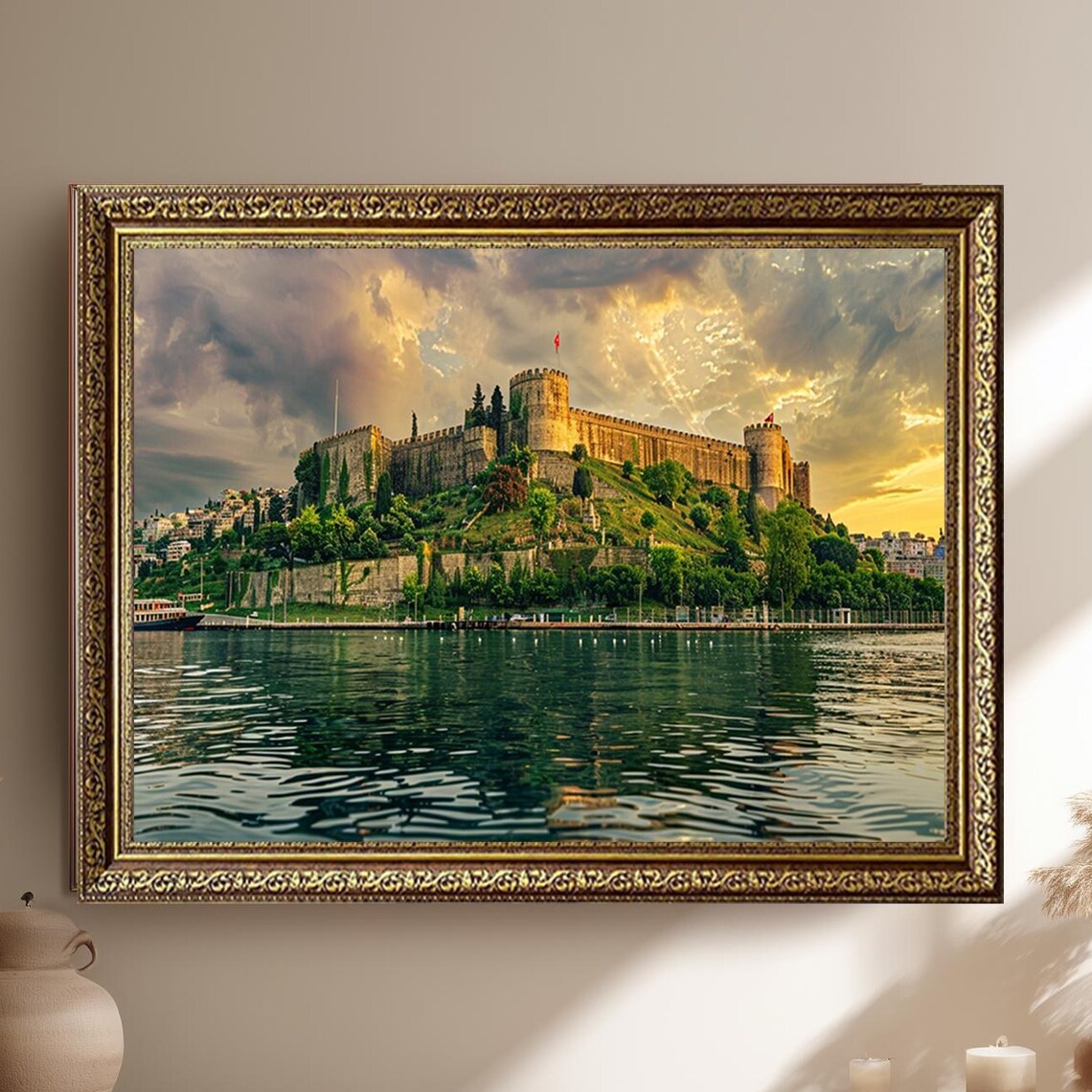 Rumeli Fortress Istanbul Golden Sunset Water Turkish Flag Poster
