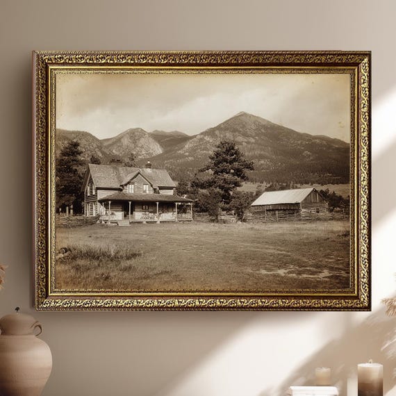 Rustic Mountain Cabin Vintage Print Sepia Homestead Landscape Art Old Western Country House Wall Decor