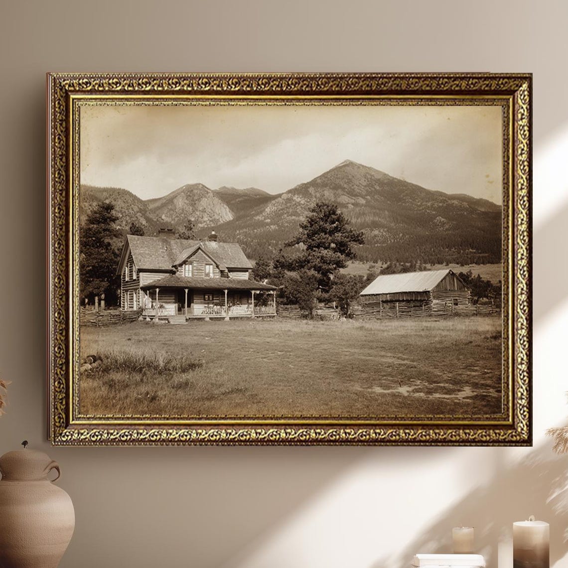 Vintage Sepia Mountain Cabin Homestead Landscape Photo Poster