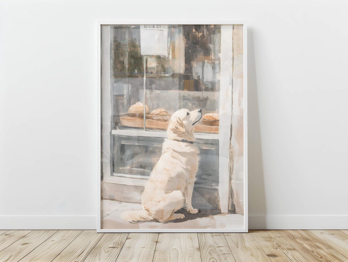 White Dog Waiting Outside Bakery Window Soft Watercolor Wall Poster