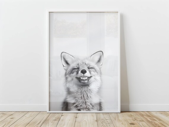 Cute Fox Poster Black And White Funny Animal Art Print For Kids Room Decor Nursery Wall Lover Themed