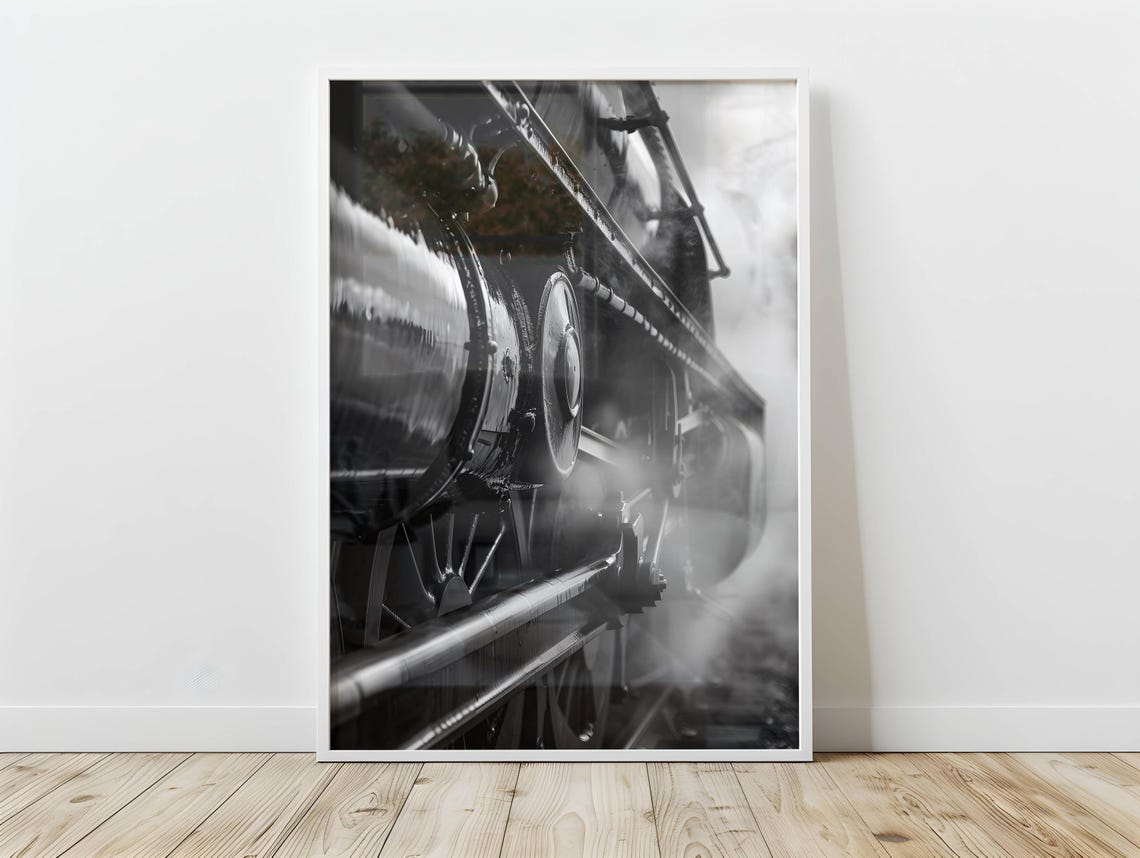 Vintage Steam Train Engine Close Up Black And White Photography Poster