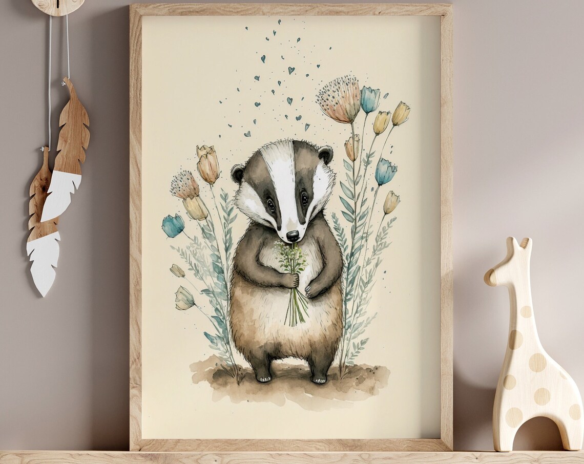 Baby Badger Holding Flowers Watercolor Nursery Woodland Art Print - Image 5