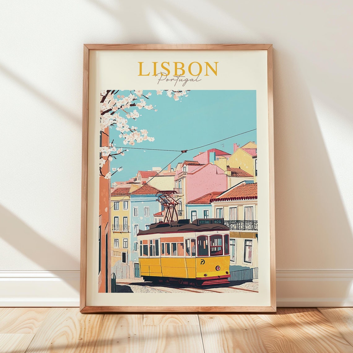 Lisbon Portugal Yellow Tram Cherry Blossom Street Travel Poster