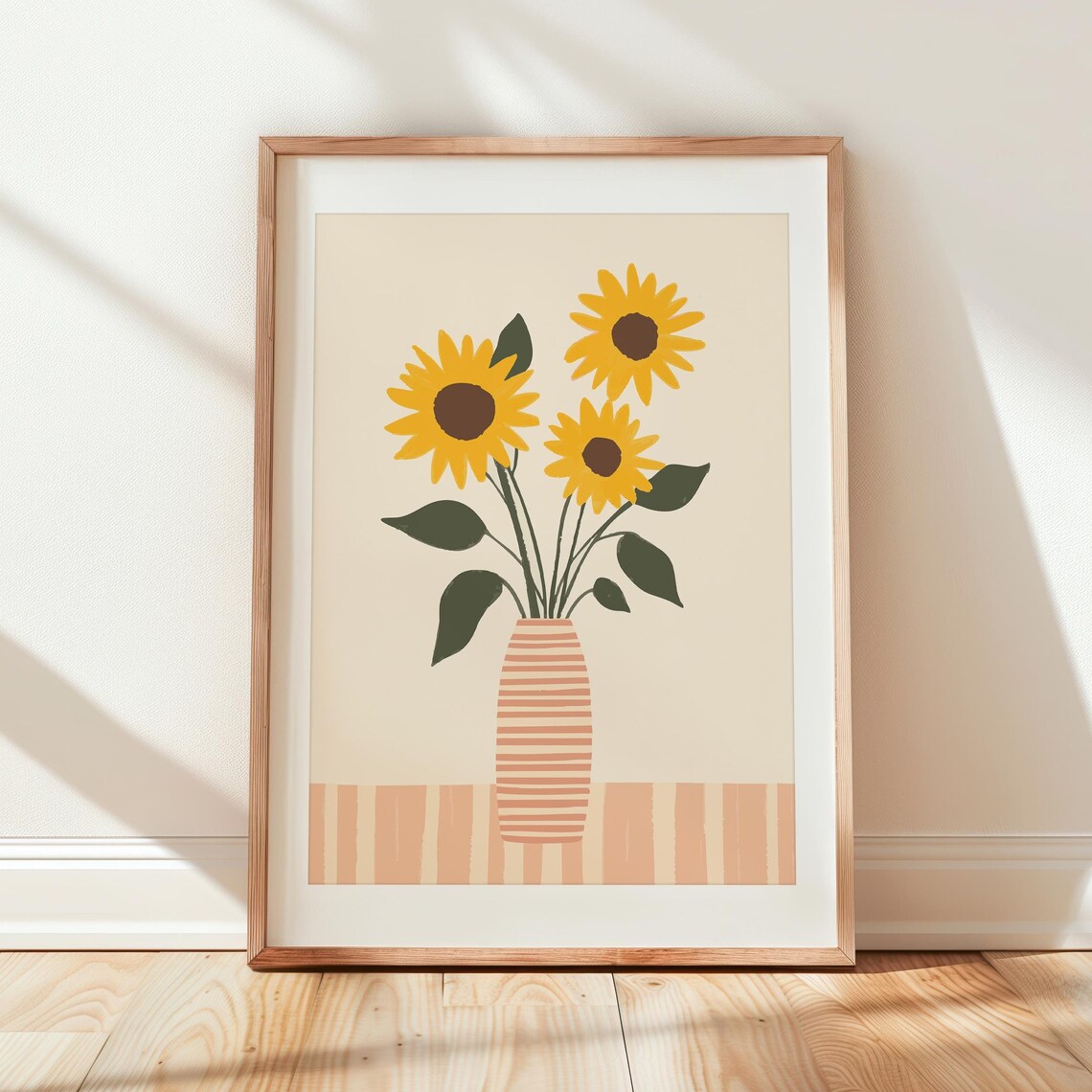 Yellow Sunflowers in Striped Vase Minimalist Botanical Art Poster