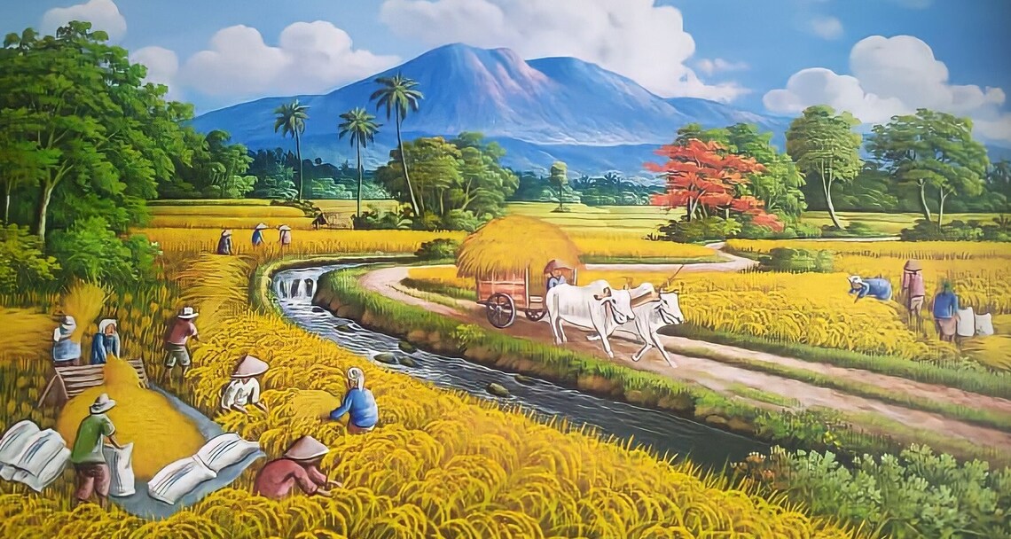 Rice Harvest Landscape Painting, Good Feng Shui Art Print - Image 5