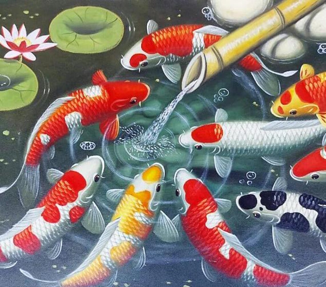 9 Koi Fish Painting With Bamboo Shower Good For Feng Shui - Image 5