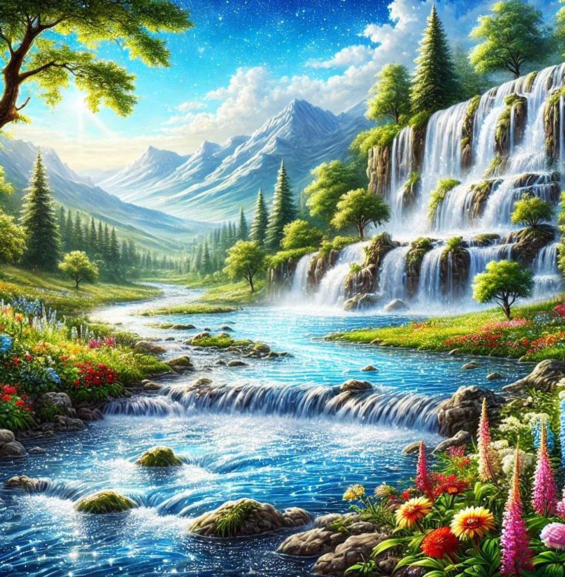 Painting Of A Serene Waterfall In A Peaceful Landscape - Image 3