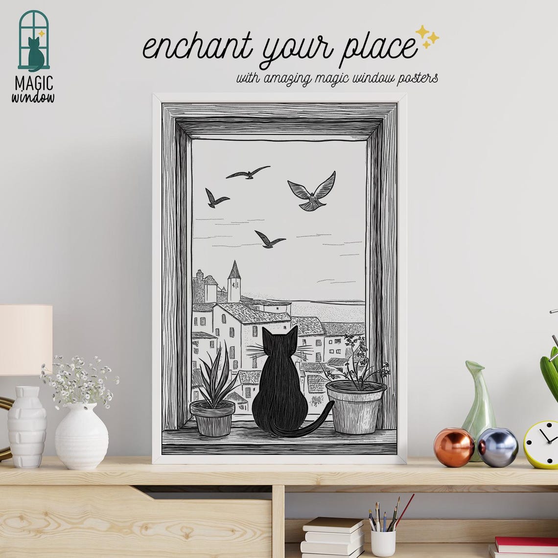 Black Cat Art Poster Magic Window 3d Illusion Ink Whimsical Wall Decor Cozy Lover Gift Home Illustration