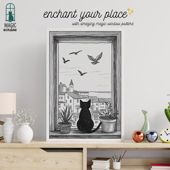 Black Cat Art Poster Magic Window 3d Illusion Ink Whimsical Wall Decor Cozy Lover Gift Home Illustration