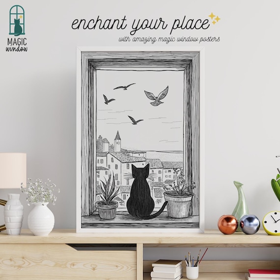 Black Cat Silhouette Magic Window Ink Rooftop Birds View Poster