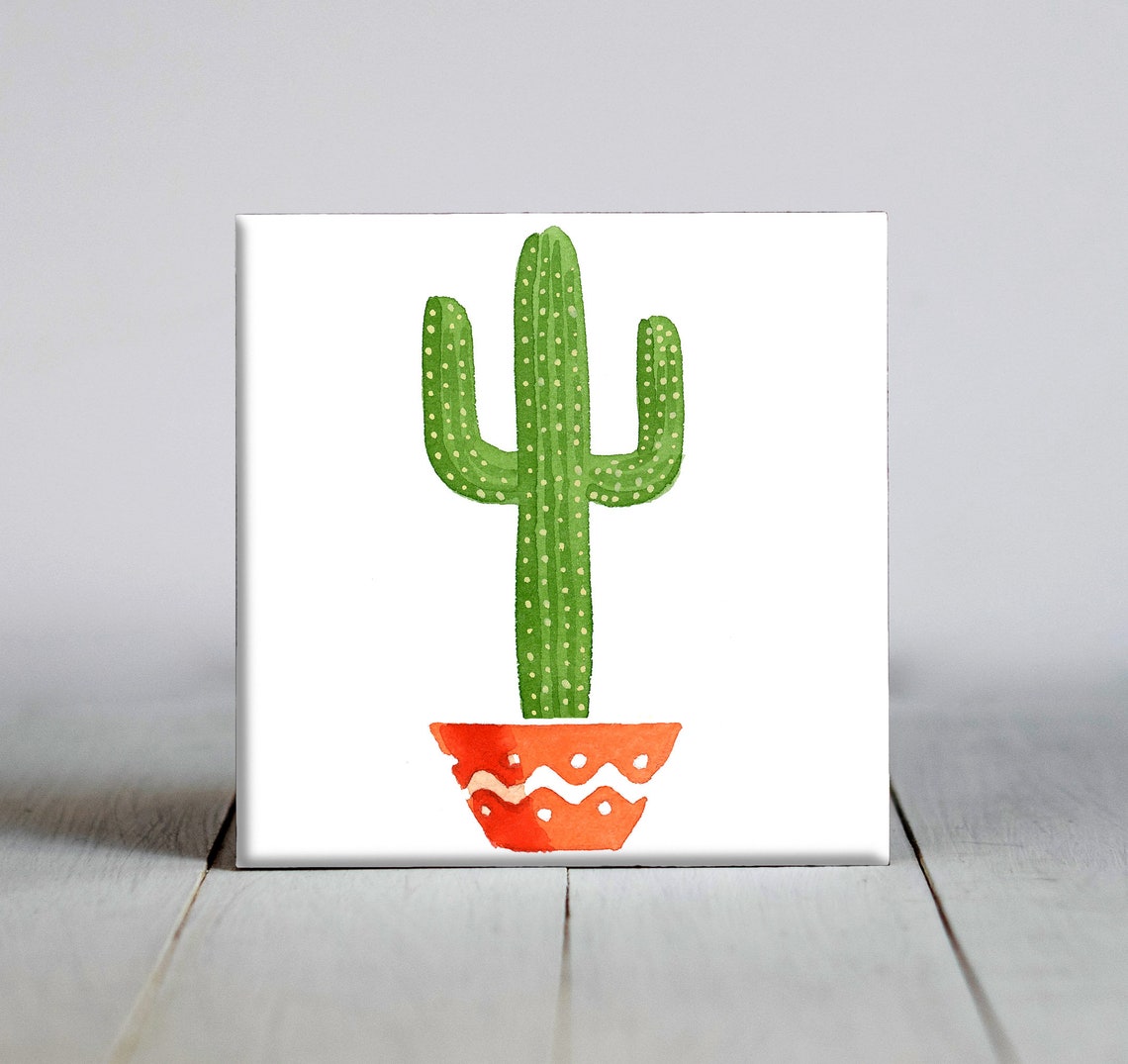 Potted Saguaro Cactus Watercolor Desert Plant Ceramic Tile Wall Art