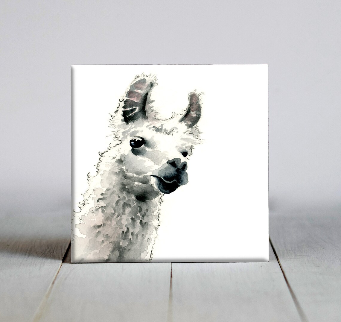 Gentle Llama Face in Soft Grey Tones Tender Watercolor Animal Portrait Poster