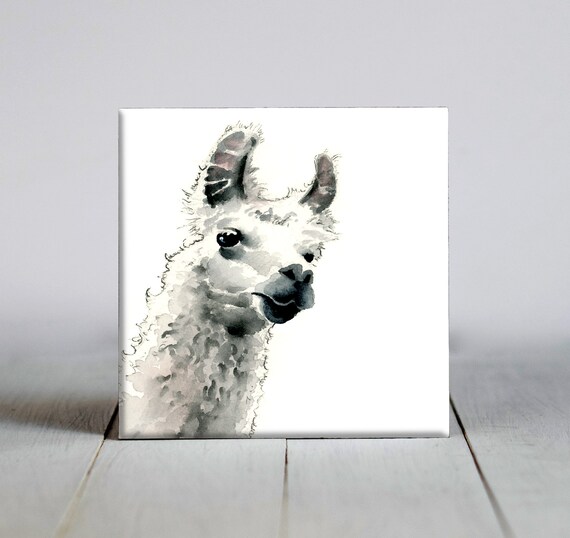Gentle Llama Face in Soft Grey Tones Tender Watercolor Animal Portrait Poster