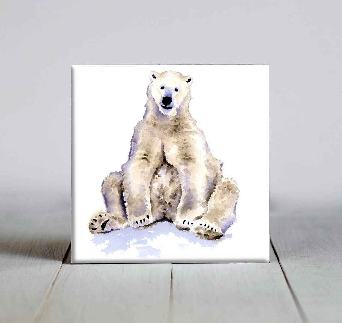 Young Polar Bear Cub Sitting Upright Heartwarming Arctic Watercolor Animal Poster