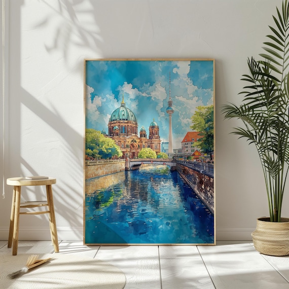 Berlin Watercolor Travel Poster, Cathedral and Fernsehturm