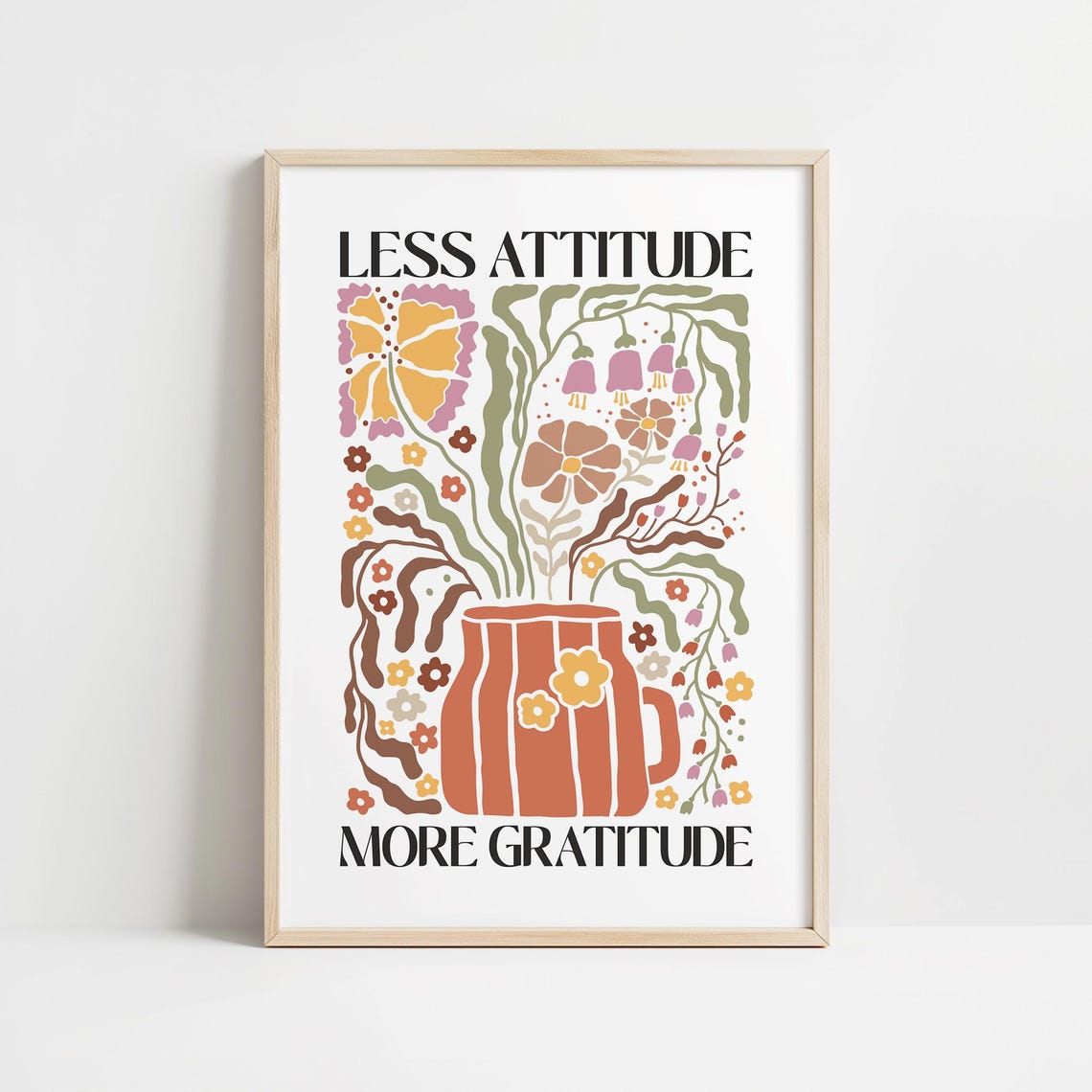 Less Attitude More Gratitude Bohemian Retro Floral Vase Poster