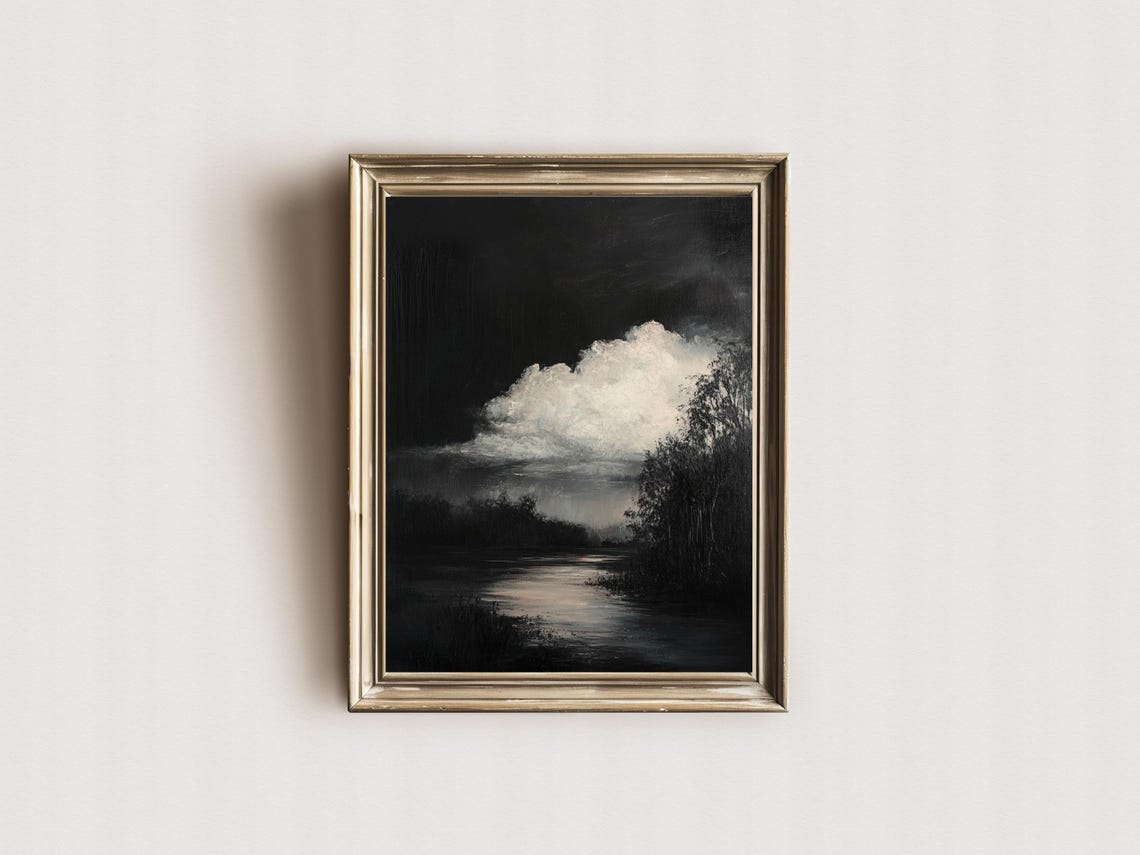 Stormy Night Moonlit River Dark Moody Landscape Painting Poster - Image 3