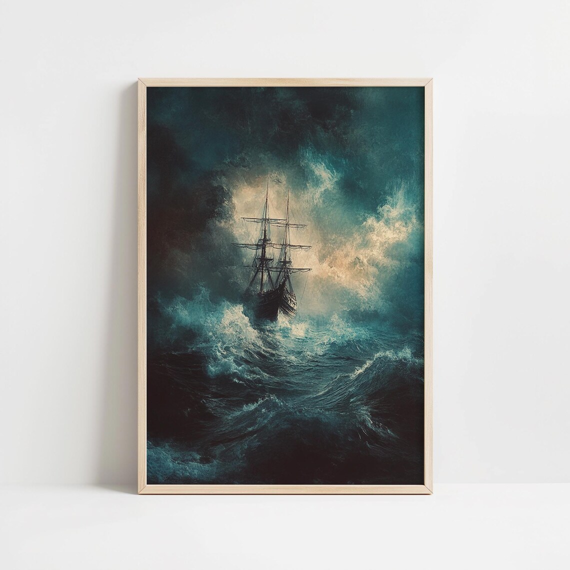 Tall Ship In Stormy Sea Dark Academia Oil Painting Style Poster