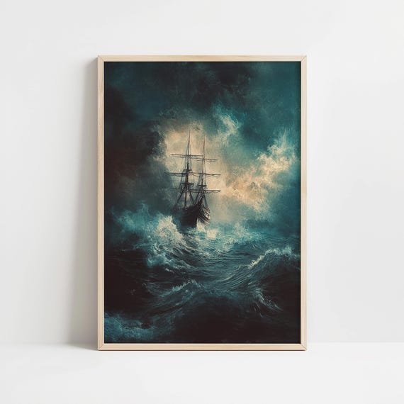 Ship At Sea In Storm Moody Dark Academia Wall Art Print Oil Painting Whimsigoth Decor Vintage Cottagecore Art Eclectic Maximalist Poster