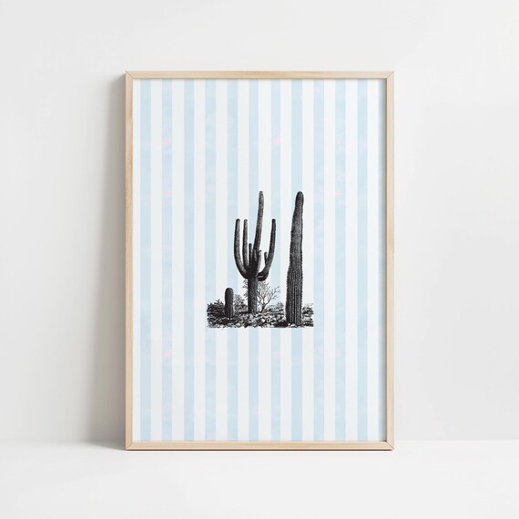 Saguaro Cactus Vintage Botanical Engraving Blue Striped Wall Art