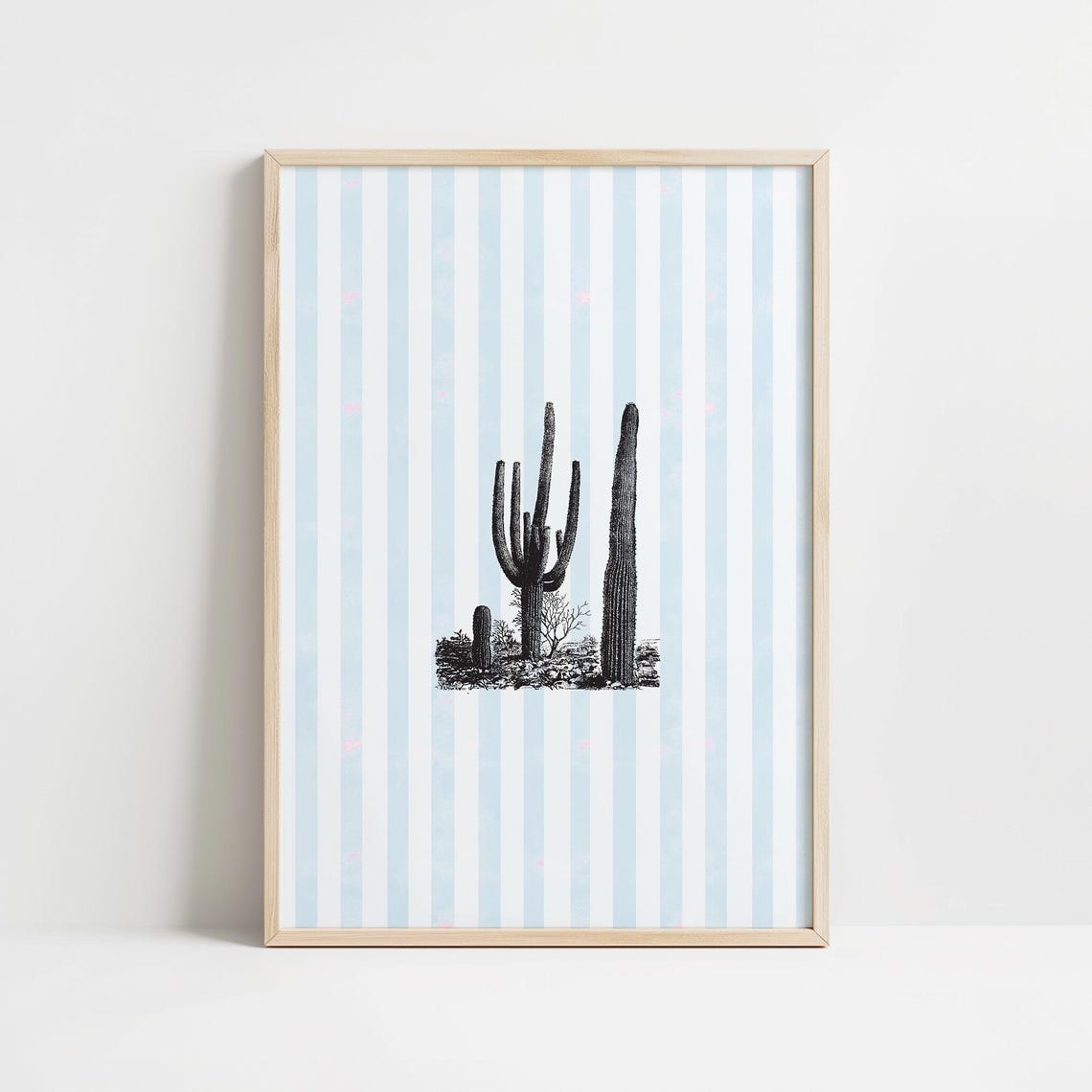 Saguaro Cactus Vintage Botanical Engraving Blue Striped Wall Art