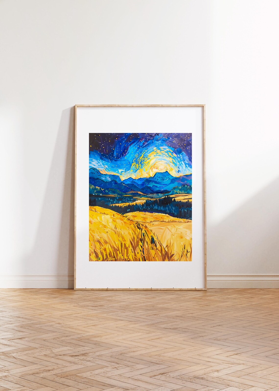 Van Gogh Inspired Starry Swirling Night Sky Over Golden Mountain Art Print - Image 3