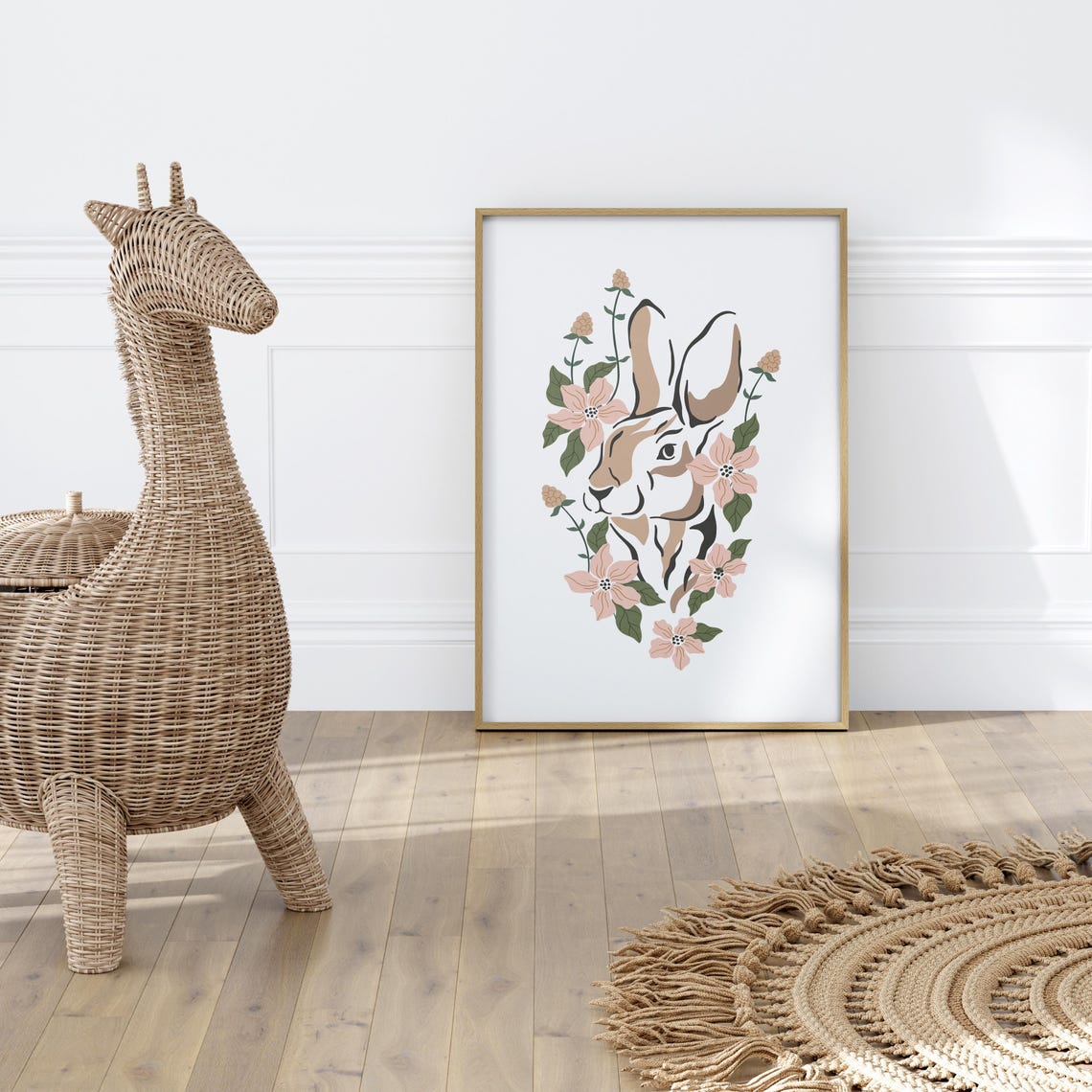 Bohemian Rabbit Head Profile Pink Floral Botanical Garden Poster - Image 2