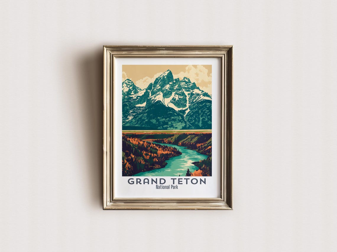 Grand Teton National Park Vintage Retro Travel Wall Art Poster Wyoming National Park Art Print Scenic Landscape Wall Decor Hiking Decor - Image 2