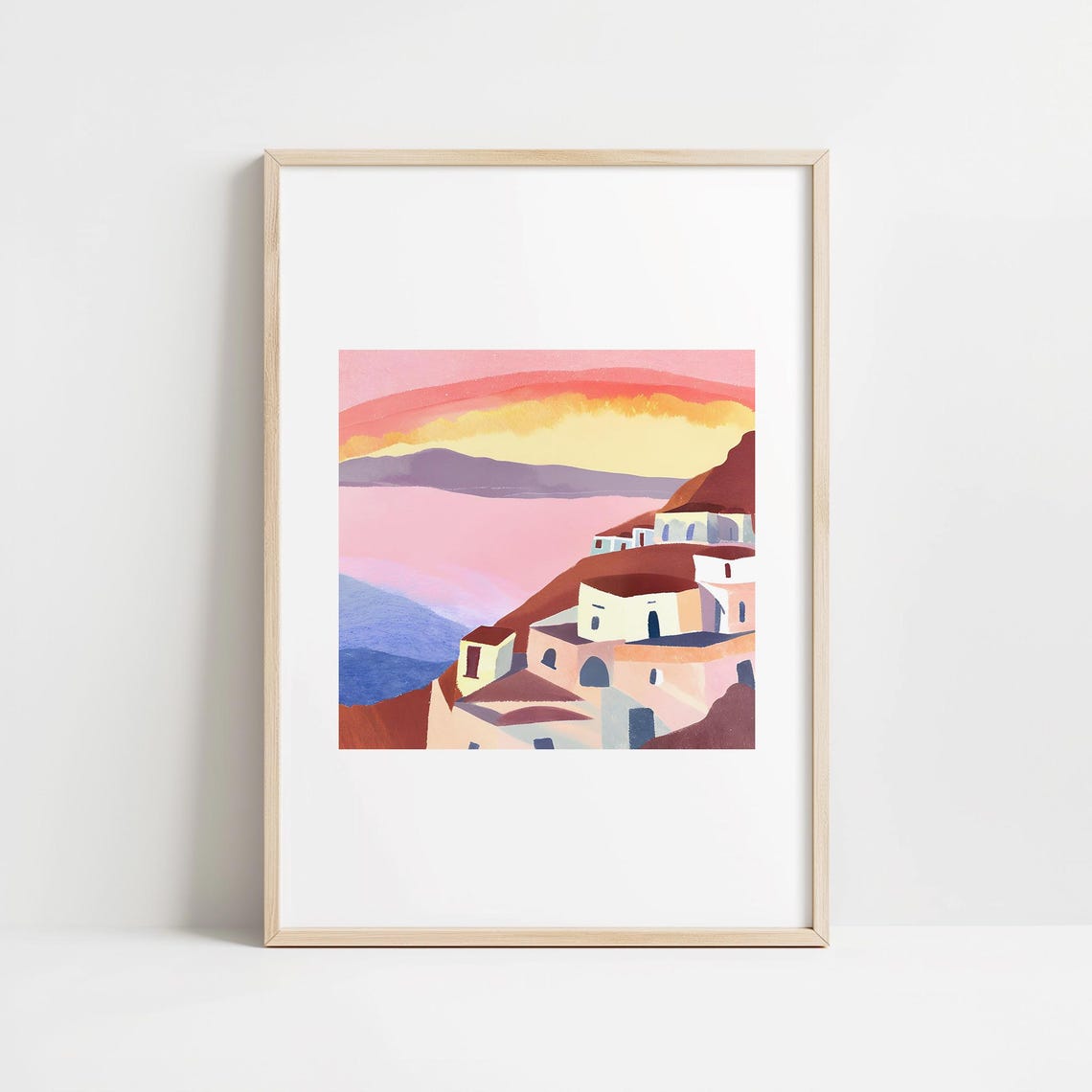 Santorini Cliff Village Pink Sunset Minimalist Square Art Print