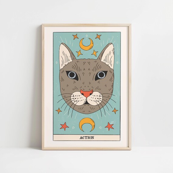 Action Tarot Card Art with Mystical Cat and Celestial Moons Poster