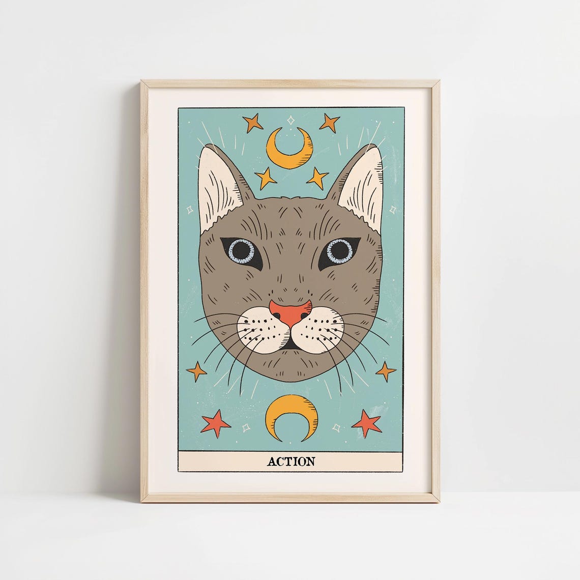 Action Tarot Card Art with Mystical Cat and Celestial Moons Poster