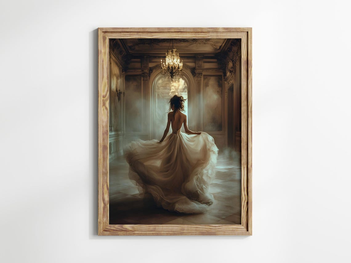 Moody Victorian Ball Painting Mysterious Woman In Grand Ballroom Wall Art Print Vintage Dreamy Aesthetic Wall Decor Flowing Ballgown Art - Image 3