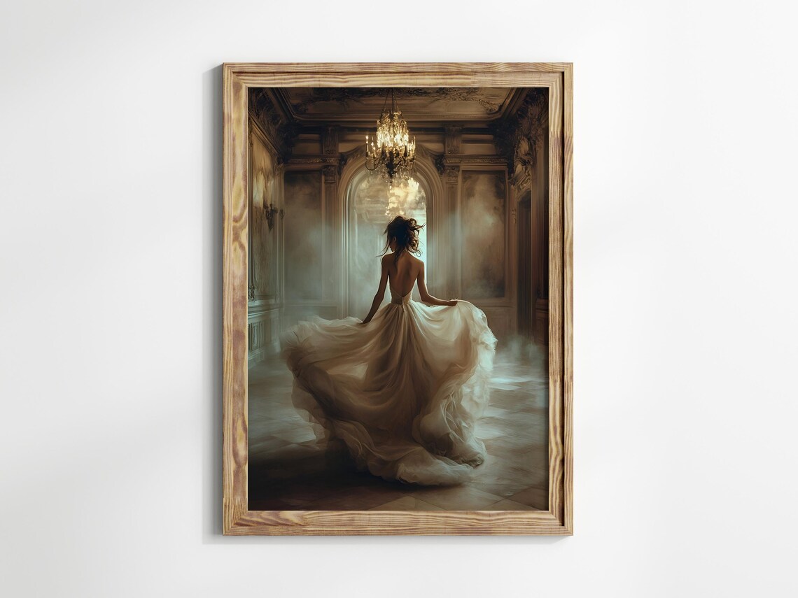 Victorian Ballroom Woman Flowing Gown Moody Vintage Art Print - Image 3