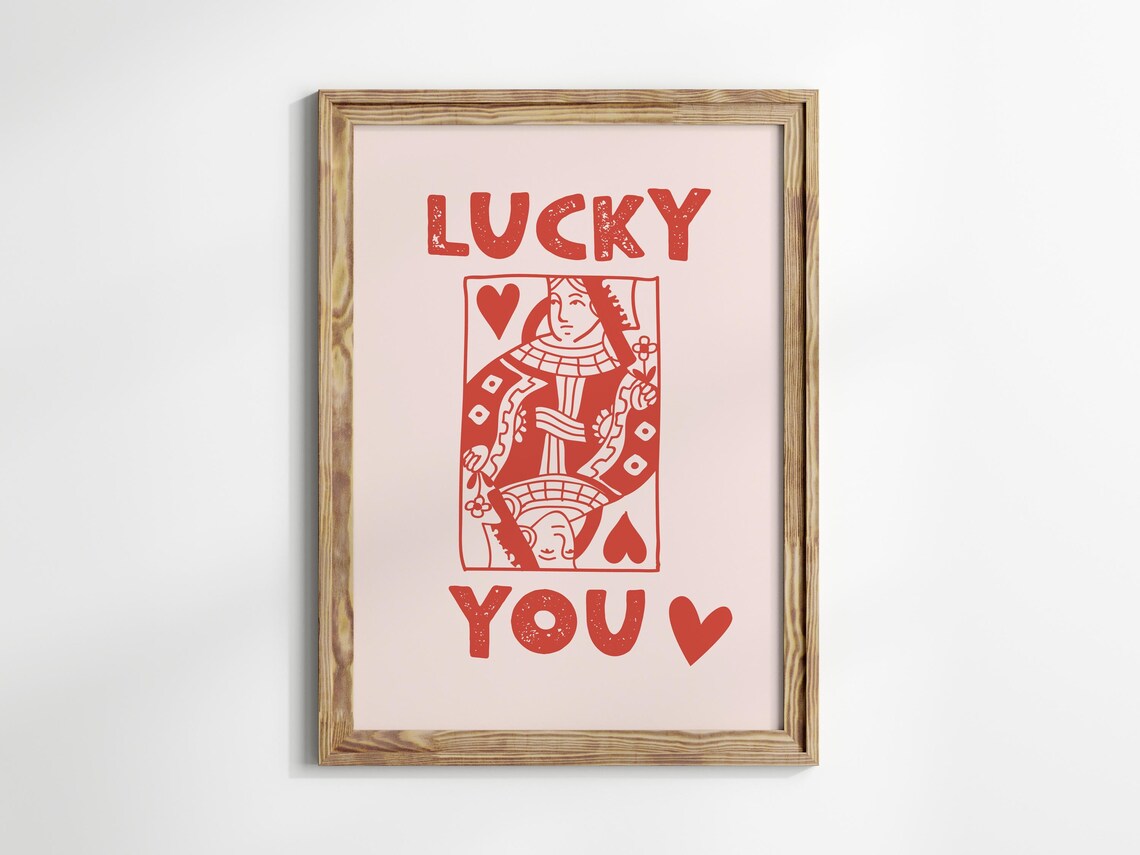 Lucky You Queen Of Hearts Playing Card Retro Pink Coquette Wall Art - Image 2