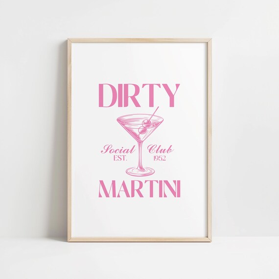 Dirty Martini Social Club Est 1952 Pink Line Art Kitchen Bar Cart Poster