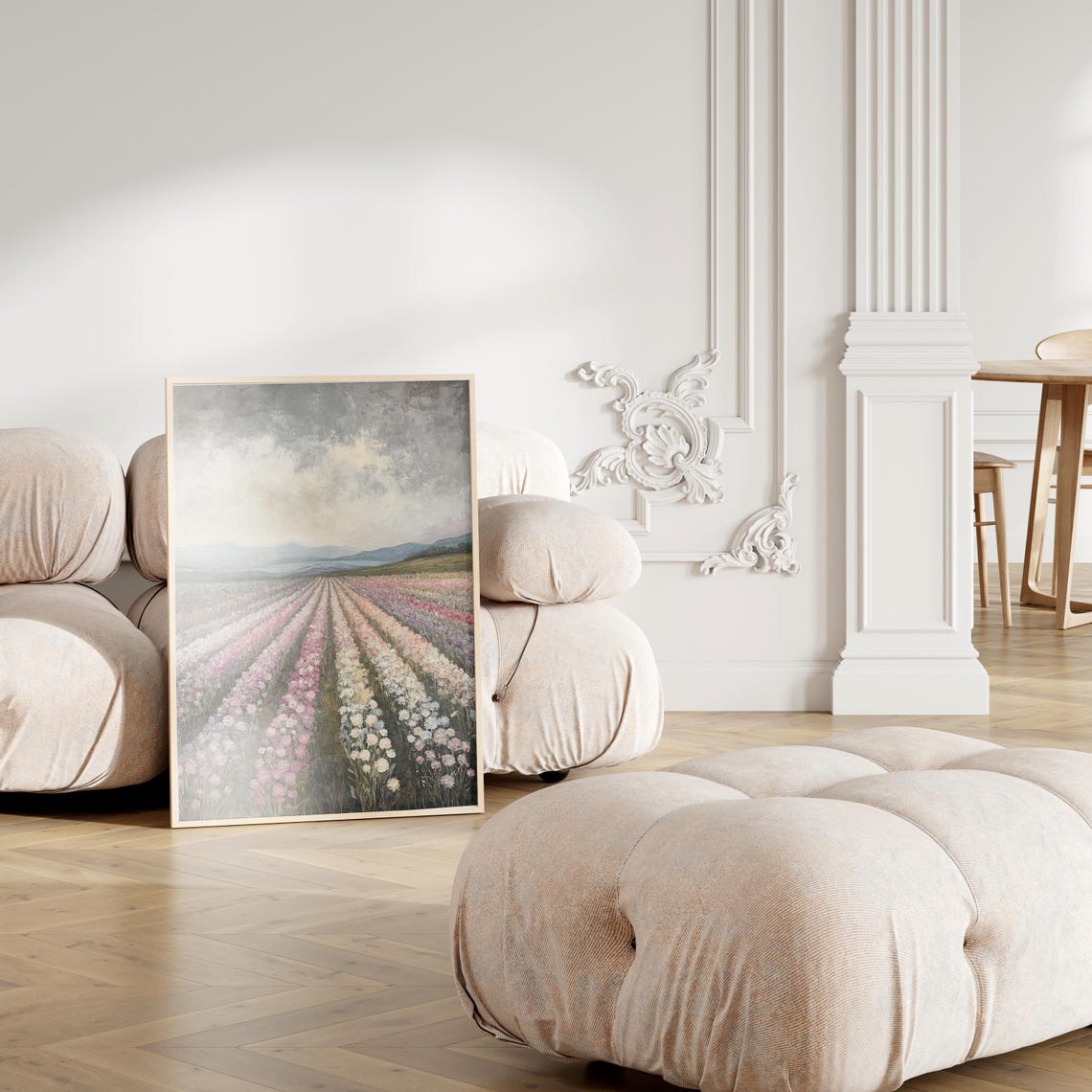 Soft Pink Flower Rows Under Cloudy Sky Serene Pastel Floral Poster - Image 3