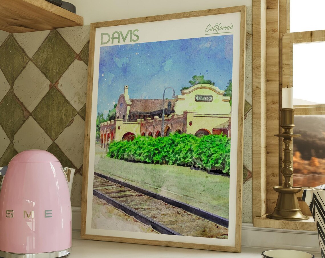 Davis California Historic Train Depot Watercolor Travel Poster
