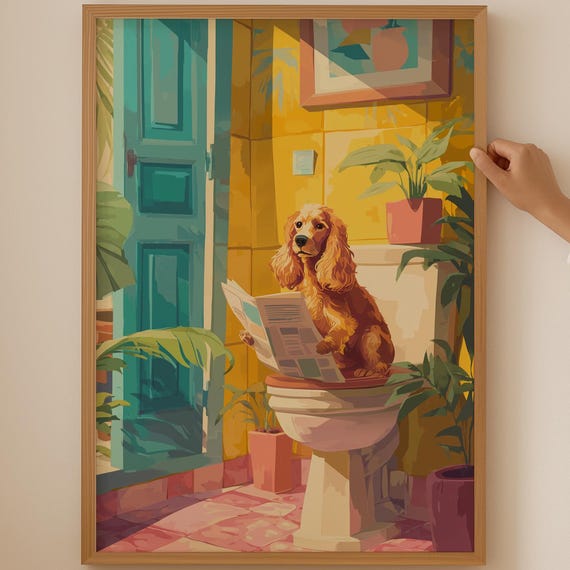 Funny Cocker Spaniel Poster Pink Dog Lover Wall Art For Funky Bathroom Decor Dopamine Toiletprint Trendy Themed Gifts