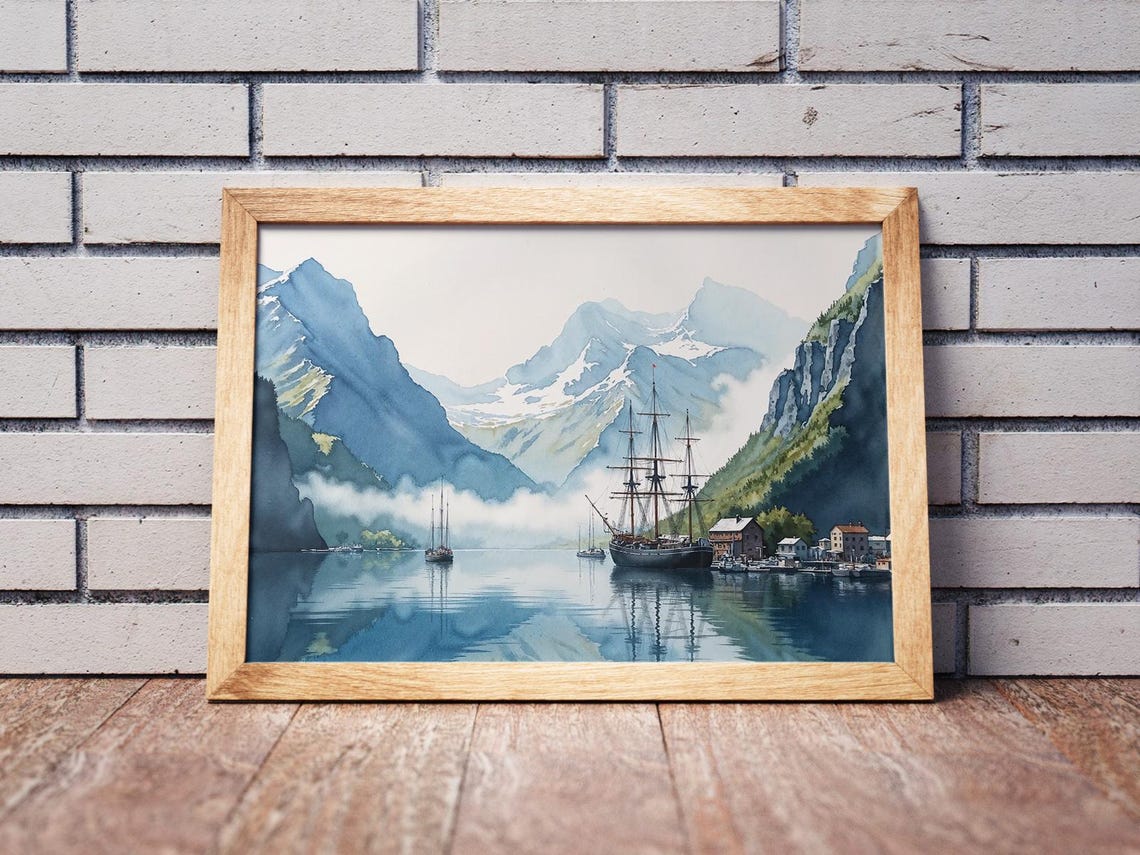 Watercolour Fiord Scene With Three Mast Ship Stunning Landscape Painting Ideal For Nautical Gift Lovers - Image 2
