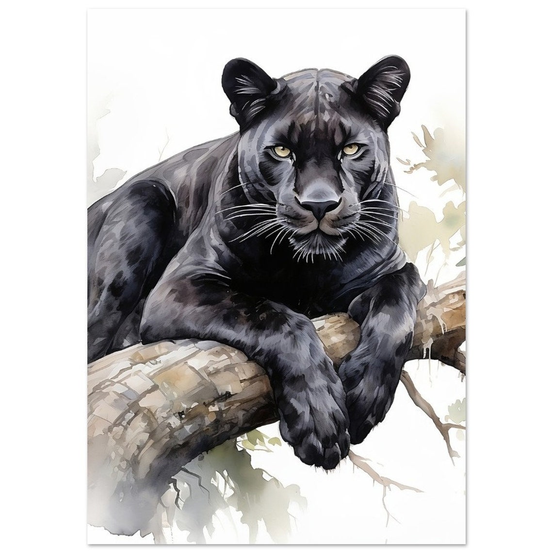 Black Panther Resting On Tree Branch Watercolour Big Cat Poster