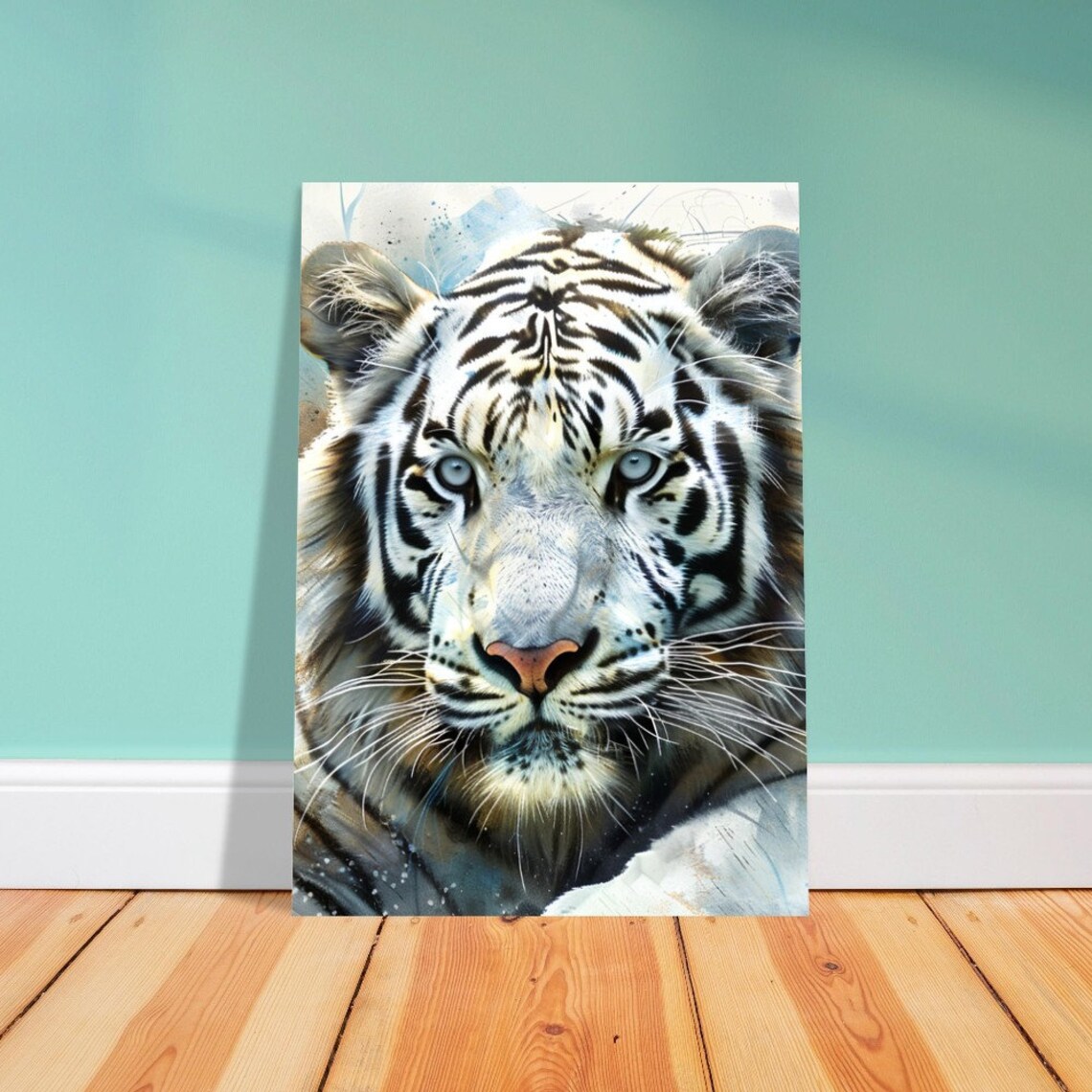 White Tiger Close Up With Blue Eyes Watercolour Animal Poster - Image 2
