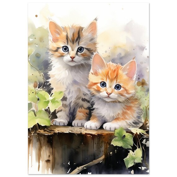 Two Cute Kittens Sitting On Log Watercolour Cat Portrait Poster