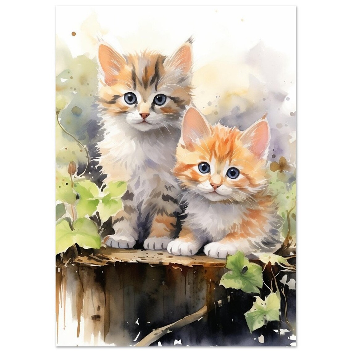 Two Cute Kittens Sitting On Log Watercolour Cat Portrait Poster - Image 2