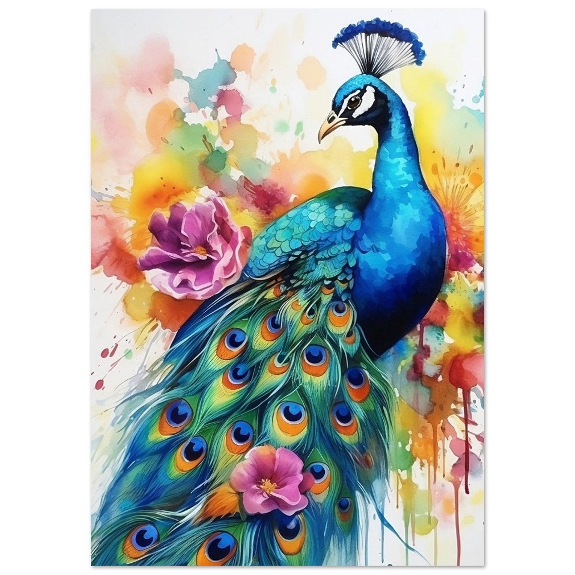 Colourful Peacock Tail Feathers Watercolour Bird Portrait Poster - Image 3
