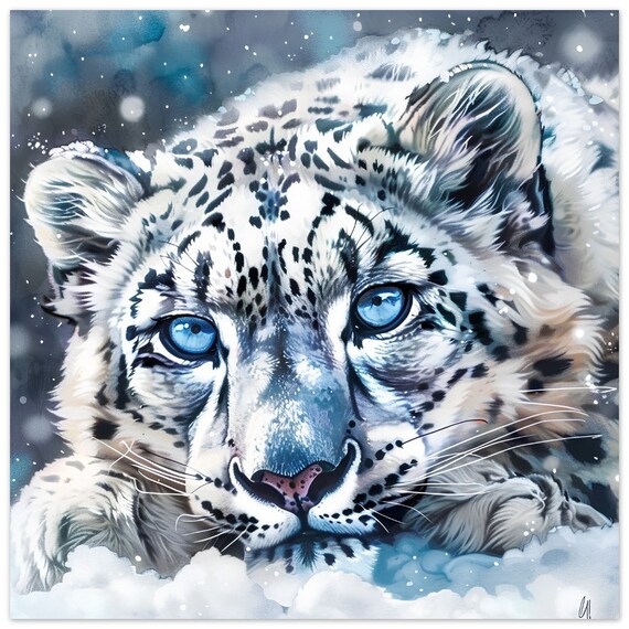 Stunning Snow Leopard Blue Eyes Watercolour Winter Wildlife Art Poster