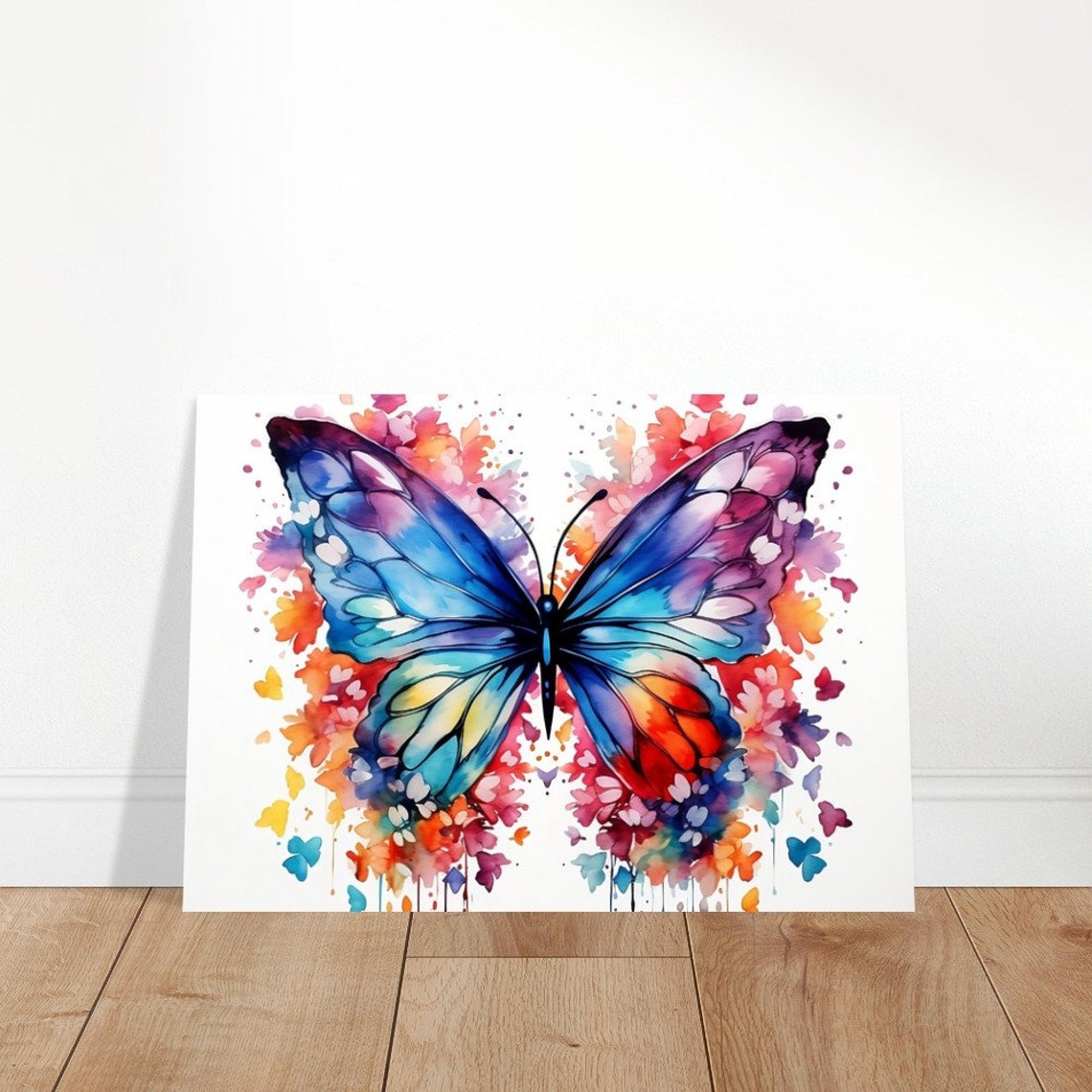 Blue Butterfly Watercolour Painting Floral Splash Insect Art Poster - Image 2
